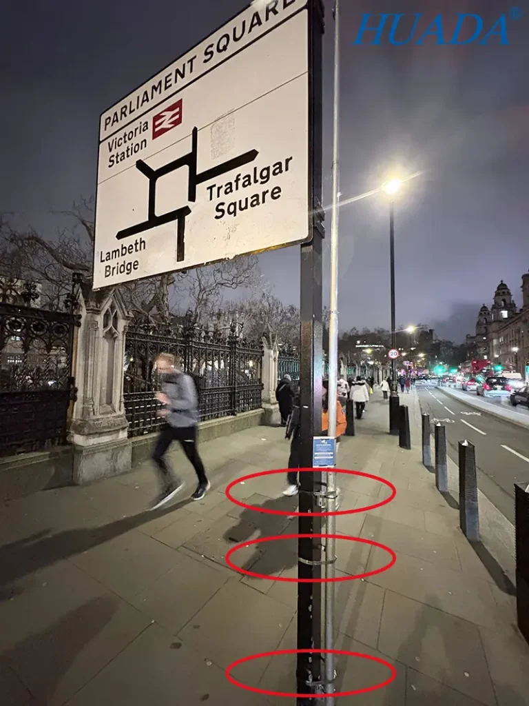 不锈钢喉箍固定英国道路路牌立柱的现场应