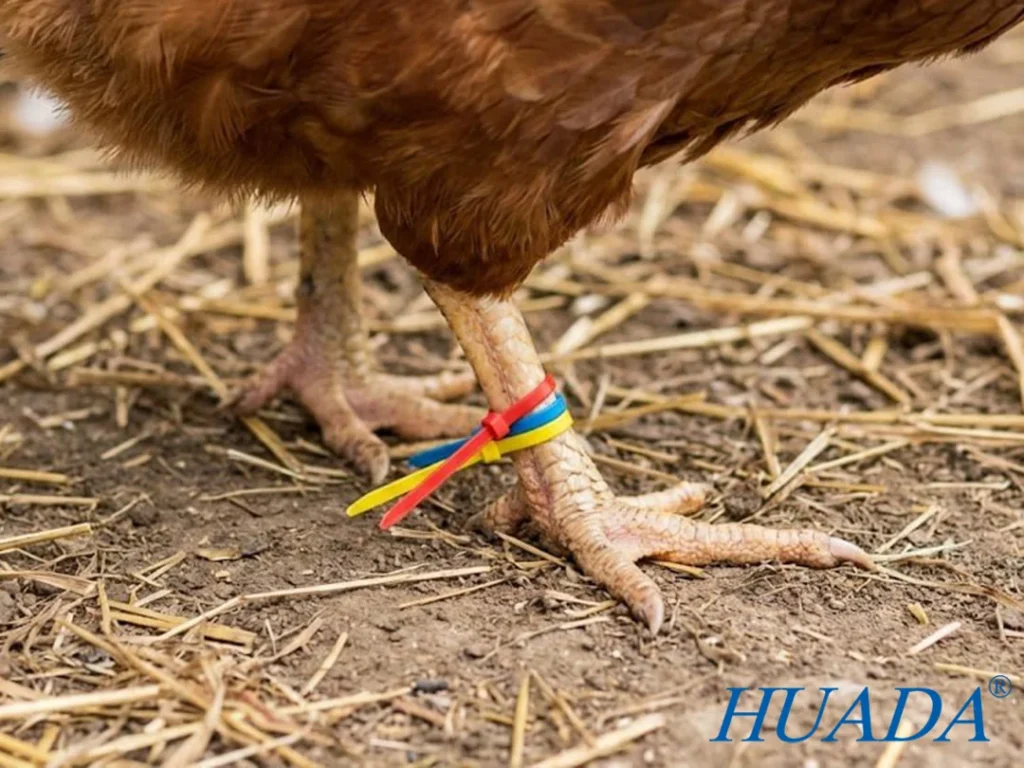 母鸡鸡脚绑彩色尼龙扎带,用于养殖分群与状态标识