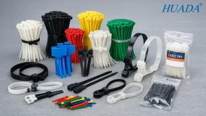 华达多种颜色与类型的尼龙扎带产品展示图,包括标准扎带、标签扎带、可松式扎带、双头扎带及袋装包装