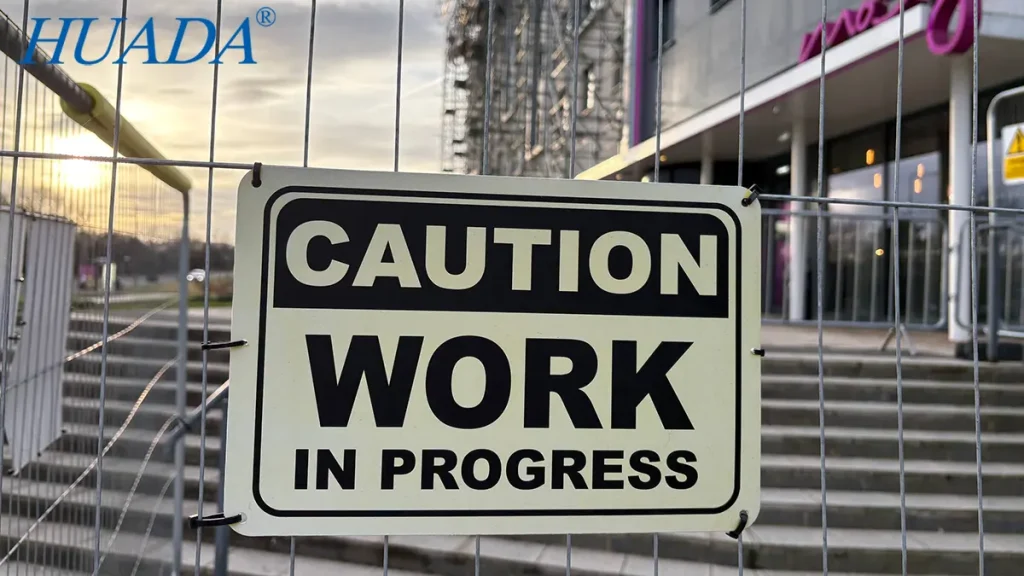 尼龙扎带用于固定德国工地围挡上的施工警示牌（CAUTION WORK IN PROGRESS）