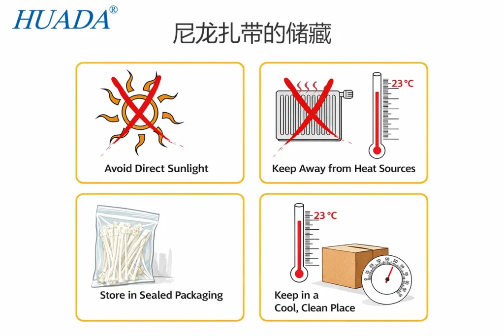 尼龙扎带储存方法示意图,包括避免阳光直射、远离热源、密封保存及阴凉环境存放