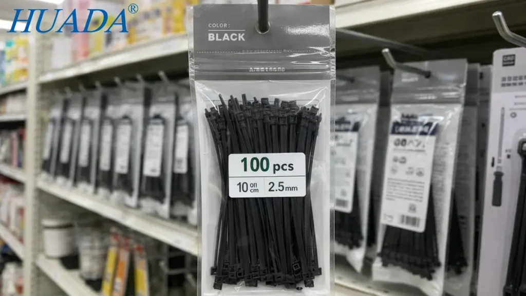 商超货架上挂钩陈列的黑色尼龙扎带零售包装图