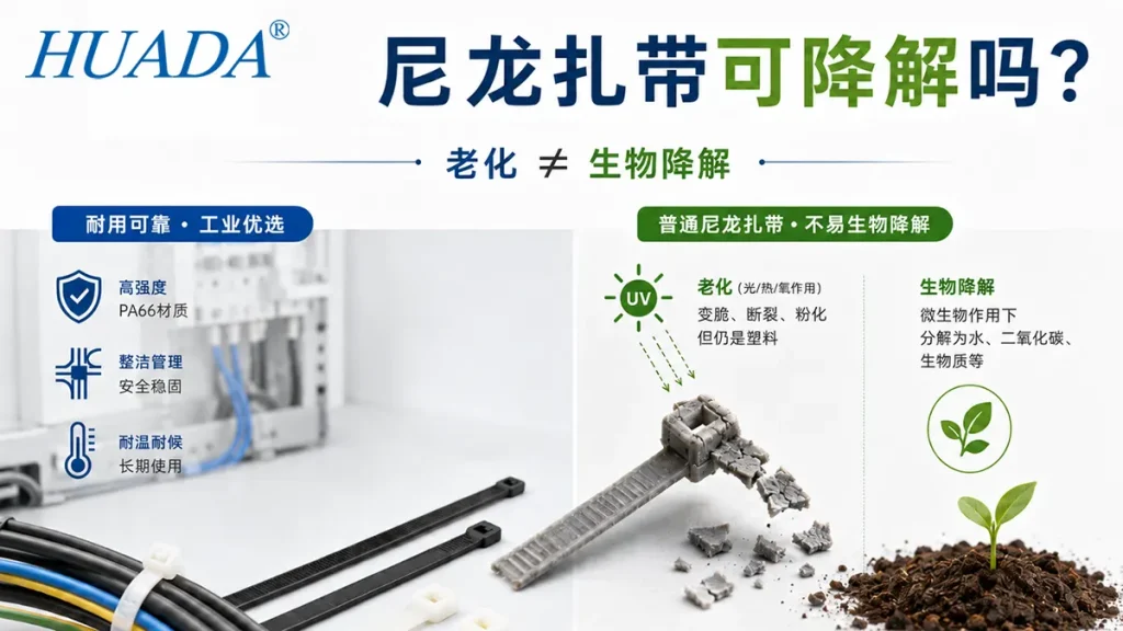 尼龙扎带可降解说明图,对比PA66尼龙扎带老化、破碎和真正生物降解的区别。