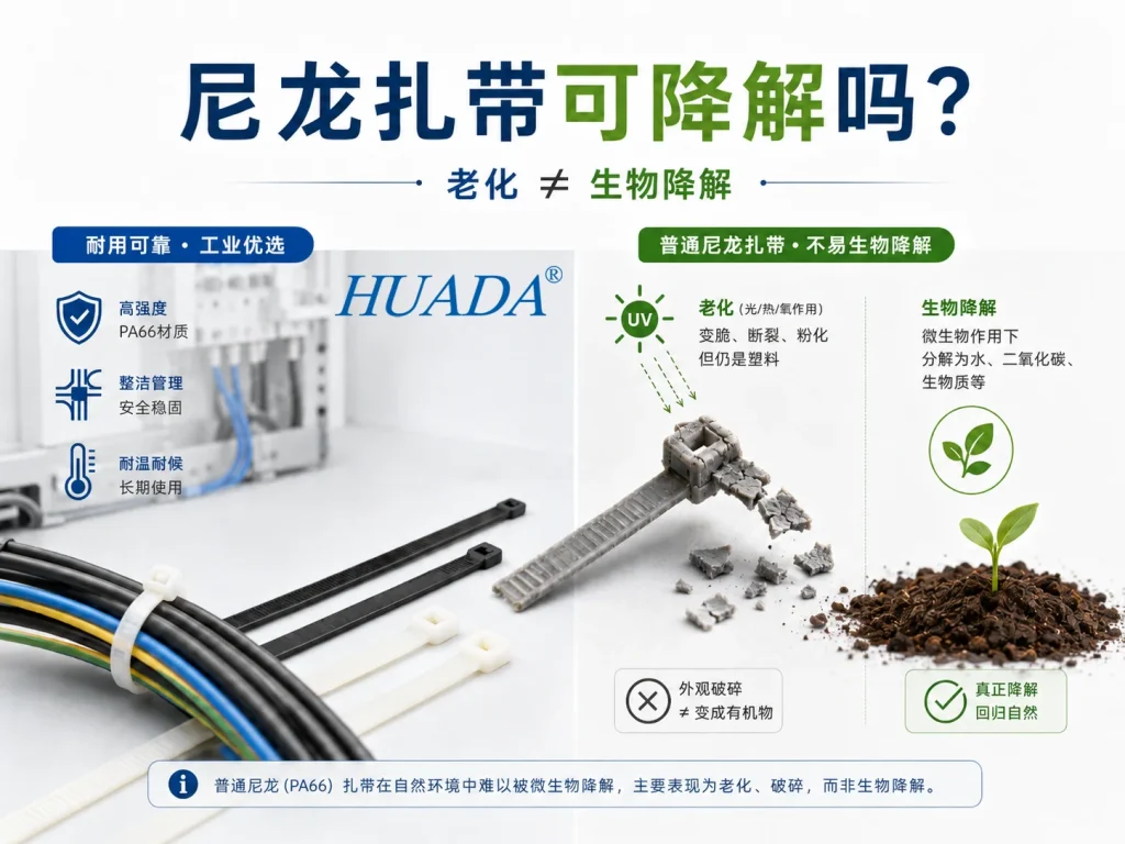 尼龙扎带可降解说明图，对比PA66尼龙扎带老化、破碎和真正生物降解的区别。