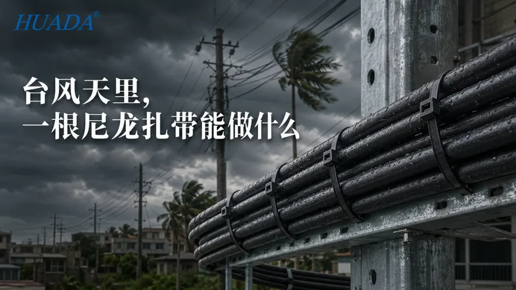 尼龙扎带将户外电缆固定在金属支架上,帮助减少线路摆动和风力造成的影响
