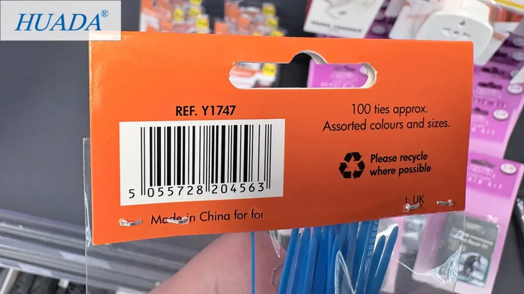 英国零售尼龙扎带包装背面,标有100 ties approx、混色混规格、条码和产地信息